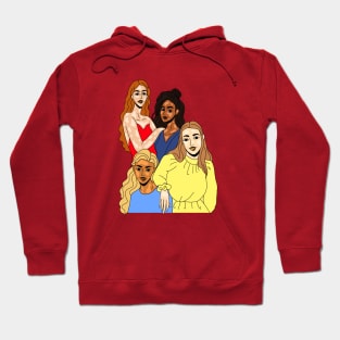 Four young female friends with vitiligo. different nationalities african american, korean, irish, russian. Hoodie